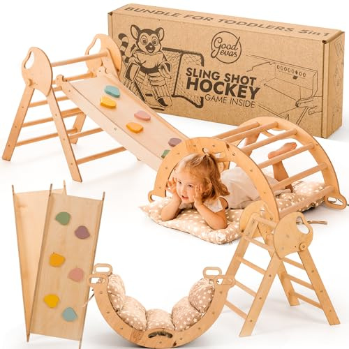 Goodevas Montessori 5 en 1 - Juego de estructura de escalada para interiores, arco de escalada con cojín y tobogán para niños, zona de juegos interior de 1 a 3 años