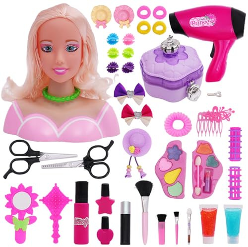 AwnsIMfreien Kids Hairdressing Set 41PCS/Set Cute Hairdresser Role Play for Kids Doll Head for Hair Styling with Hair Dryer and Accessories Pretend Makeup Sets for Girls, Hairdressing