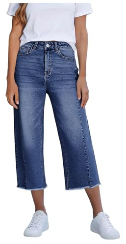 Pantalones Vaqueros para Mujer de 3/4 de Longitud Pierna Ancha Vaqueros para Mujer Tela Vaquera Verano Elegantes Pantalones Capri Cintura Alta piernas Rectas Jeans Casuales Elásticos Ajuste Relajado