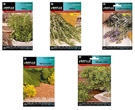 Lote 5 sobres de semillas aromáticas (Tomillo, Romero, Lavanda, Mostaza blanca, Orégano)