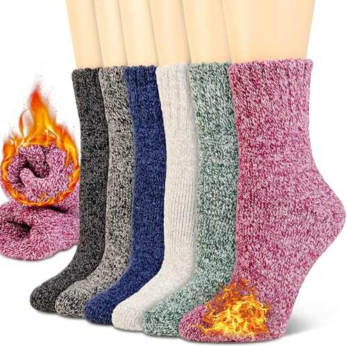 6 par termiska vinterstrumpor i ull för kvinnor, tjocka isolerade uppvärmda strumpor för kraftigt kallt väder utomhusaktiviteter, 6 par blandade färger, 9-11 (Shoe Size: 5-10)