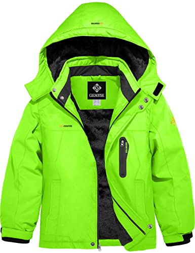 GEMYSE Boy's Waterproof Ski Snow Jacket Hooded Fleece Lined Windproof Winter Jacket (Fluorescent Green,14/16)