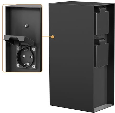 ledscom.de Garten Colonne de Prises de Courant POMI pour l'extérieur, IP44, capteur crépusculaire, 3X, Acier Inoxydable, Noir, carré, 23 cm