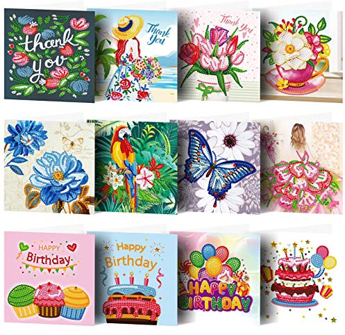 VDYXEW 12 Stück 5D DIY Diamond Painting Karten, Diamant Malerei Grußkarte, Danke Postkarte Grußkarte, für Geburtstag, Thanksgiving, Valentine