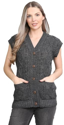 janisramone® Button up Sleeveless Cardigans for Women, V Neck Cable Knitted Vest with Front Pockets, Comfortable Warm 5 Button Ladies Cardigan Charcoal