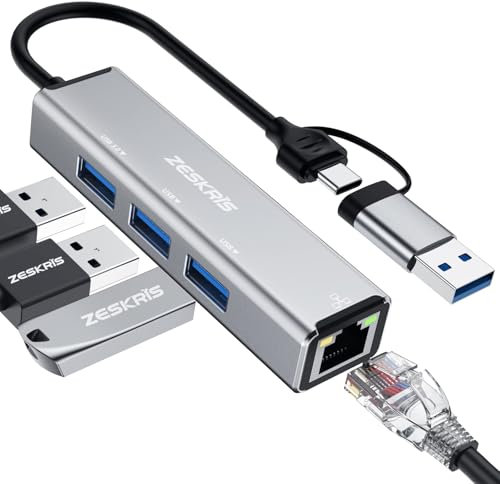 ZESKRIS Hub USB C de 4 puertos USB 3.0 Hub USB C adaptador divisor con 1 USB 3.0, 2 USB 2.0, RJ45 Ethernet para MacBook Pro/Air, Mac Dongle, laptop, Steam Deck, PS4/PS5, Dell XPS, iPad Pro y más