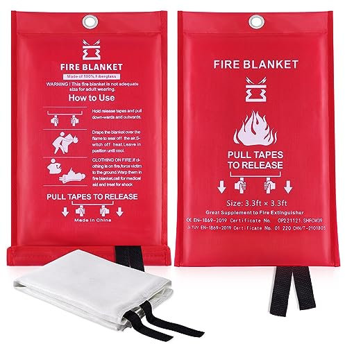 Couvertures Anti-feu Ignifuge pour Maison Cuisine - Couverture d'incendie de Couverture de Secours de Fibre de Verre idéal pour la Fourneau Garage Bureau Camping Caravane Gril 1M x1M (2 Fire Blankets)