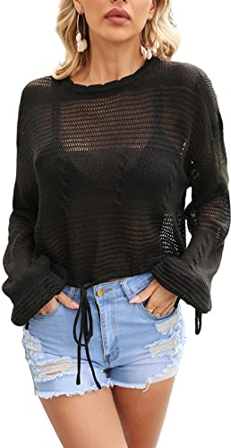 Felcia Pull en tricot au crochet ajouré pour femme - Manches longues - Col rond - Style décontracté - Streetwear Y2K, b-noir, L