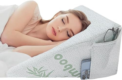 Brillars 𝗣𝗿𝗲𝗺𝗶𝘂𝗺 Bamboo Bed Wedge Pillow - Deeper Sleep - Antibacterial, Breathable Contouring Support Stay Cool Memory Foam Cushion with Left Side Pockets