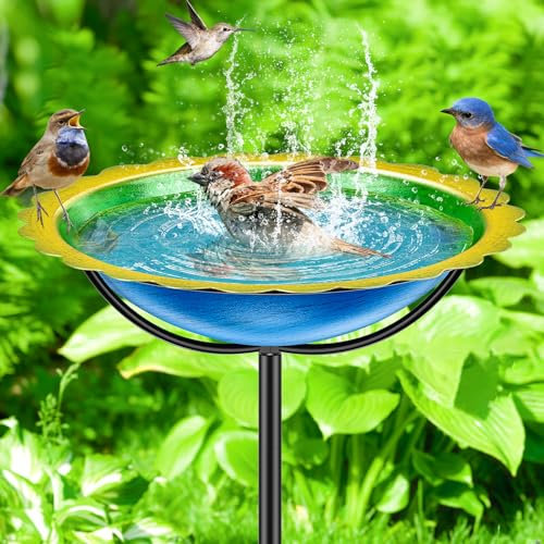 KHayRovies Vogeltränke stehend für Außen, Metall Vogelbad Vogelfutterspender Ständer mit 4 Zinken Basis Pfahl, Wasserschale Vogel Bad Vogelfutterstelle Futterstelle für Wildvögel Garten (Blau-Gelb)