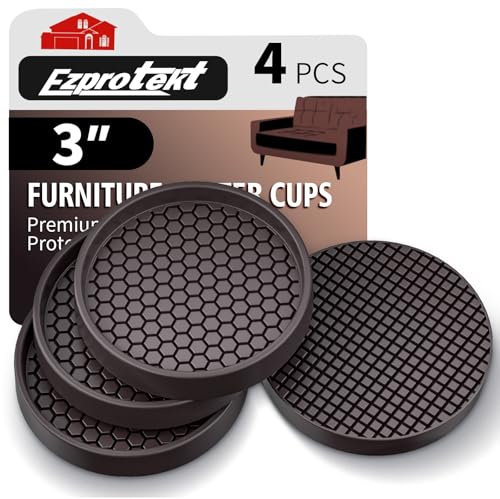 Ezprotekt Furniture Coasters - 3 Non Slip Pads for Hardwood Floors, 4 PCS Square Rubber Non Skid Furniture Caster Cups, Anti Slide Floor Protectors for Bed & Couch