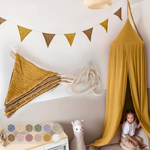 LILIMAUS Flaggirlang, tyg [med guldapplikation i 12 färger] flaggirlang, barnrum – 100 % handgjord girlang, tyg – vimpelkedja, muslin, hussäng, dekoration flickor och pojkar för babyrum