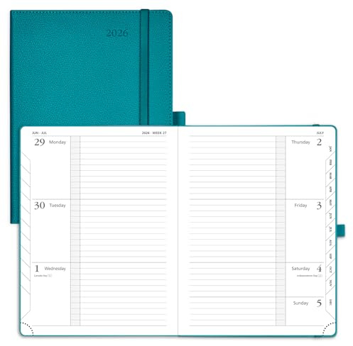 POPRUN 2026 vecko- och månadsplaneringskalender, 17 cm x 22 cm medium, horisontell layout med fodrade sektioner, jan 2026 – dec 2026, läderinbunden, 100 GSM papper, innerficka – stillahavsgrön