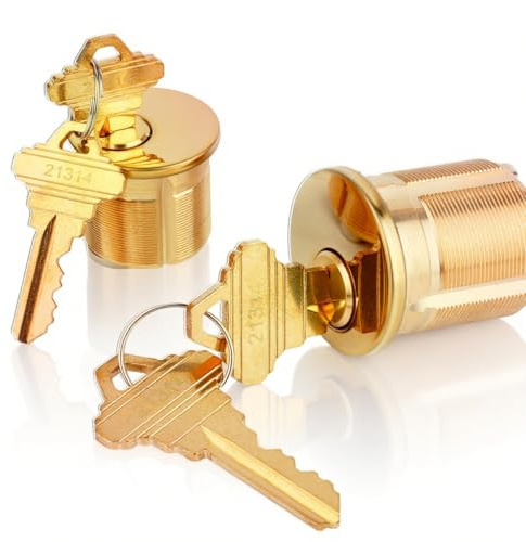 2 Pack Brass Mortise Cylinder Keyed Alike with 4 Keys for SC Keyway Standard Commercial Door Lock Cylinder, Storefront Door Lock Replacements, Gold Finish (1 1/8 -29 mm Length)