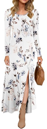 AUSELILY Vestido Largo de Manga Larga con Abertura para Mujer Flores Blanco S