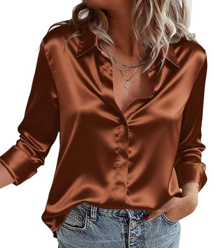 Zeagoo Camicia da Donna in Raso di Seta Camicetta Elegante Bluse Scollo a V Camicia a Maniche Lunghe Button Down a Tinta Unita Shirts Marrone S