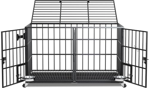 Garden 4 you Heavy Duty Dog Crate-54 inch XL Dog Cage for Large/Double Dogs,DogCrate Furniture for Doggy Indoor with Wheels,Floor Grid, Tray, Divider and Feeding Bowl,Black(137x74x68cm)