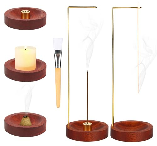 2 Set Räucherstäbchen Halter, 2-in-1 Räucherstäbchenhalter mit 1 STK 9 Loch Incense Holder Räuchergefäß, Umgedrehter Handgefertigte Holz Basis Räucherstäbchen Halterung für Yoga, Meditation