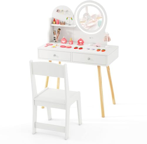 GYMAX Kids Vanity Table and Chair, Wooden Girls Dressing Tables with 2-Color LED Lighted Mirror, Drawers, Storage Shelf and Hooks, Children Makeup Desk Set for 3 Years Old+ (White)