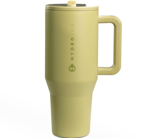 HydroJug Traveler - 32 oz Water Bottle with Handle & Flip Straw - Fits in Cup Holder, Leak Resistant Tumbler-Reusable Insulated Stainless Steel & Rubber Base - Gifts for Women & Men, Olive