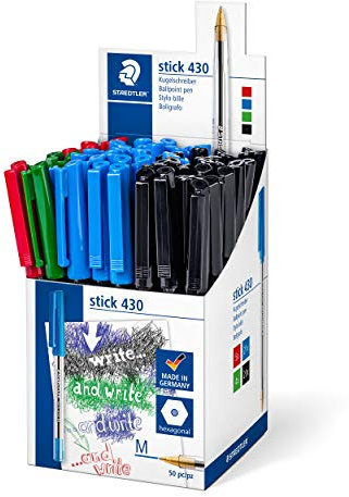 STAEDTLER Kugelschreiber mit Clip und Kappe, Linienbreite M, rot, grün, blau, schwarz, 50 Kugelschreiber im Thekendisplay, 430 M-SCP5
