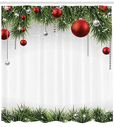 ABAKUHAUS Noël Rideau de Douche, Arbre Boules Ornements, Tissu Ensemble de Décor de Salle de Bain avec Crochets, 175 x 200 cm, Vert Rouge
