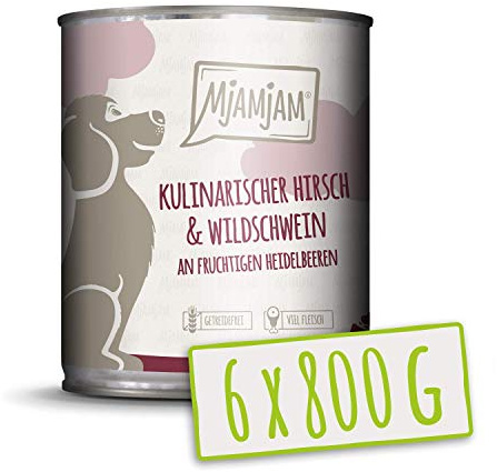 MjAMjAM - Premium Nassfutter für Hunde - kulinarischer Hirsch & Wildschwein an Preiselbeeren, 6er Pack (6 x 800 g), getreidefrei mit extra viel Fleisch
