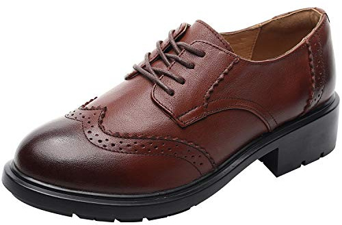 rismart Donna Rotonda Punta Abito Formale Pelle Scarpe Stringate Basse 02363(Marrone,37 EU)