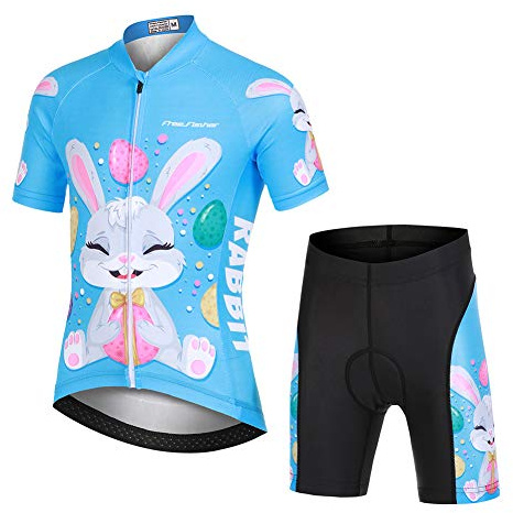 YFPICO Traje de Ciclismo Niño/Niña Maillot Transpirable para Deportes al Aire Libre,Bicicleta Camiseta Manga Corta + Pantalon Corto con Asiento Acolchado, Azul #4, 122/128