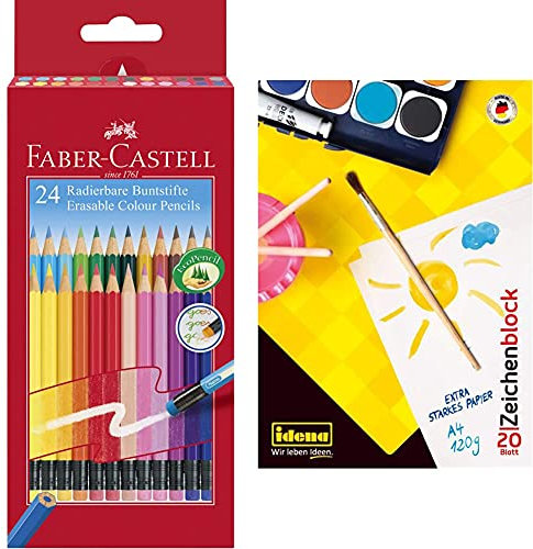 Faber-Castell 116625 - Buntstift radierbar, 24er Kartonetui + Idena 10387 - Zeichenblock, DIN A4, 20 Blatt, 120 g/m², 1 Stück