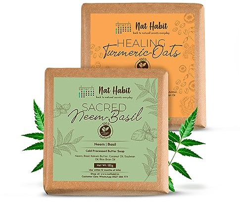 Nat Habit Neem & Turmeric Oats Bath Soap Combo | Cold-Processed Ayurvedic Soaps with Neem & Haldi | Body Acne & Tan Removal | Scar Reduction & Deep Cleansing | 125g Each