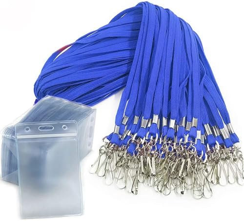 50 Stck Namensschilder Mit Schlüsselband-Ausweishalter Vertikaler Wasserdichter Kunststoff-Ausweishalter Lanyards Namensschilder für Kids School Camp Exkursion Business Event Trade (Blau)