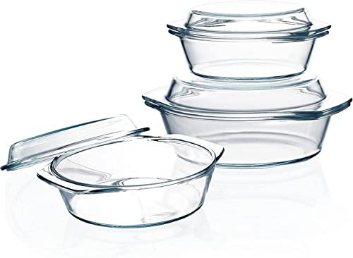 3-er Set Kleinen Auflaufformen mit Deckel, 0.65+1+1.4L, Rund, Mikrowellengeeignet, Ofenfest, Auflaufset mit transparentem Deckel