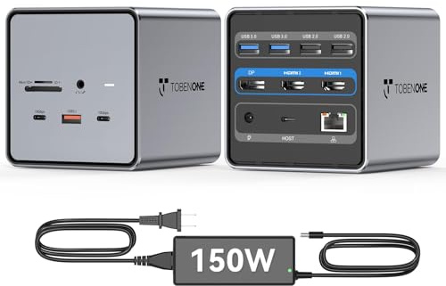 TobenONE USB C Docking Station Dual/Triple Monitors with 150W Power Adapter for Dell/HP/Lenovo/Surface/Asus/Chromebook, 2 HDMI, DP, 5 USB, Ethernet, SD 4.0/Micro SD