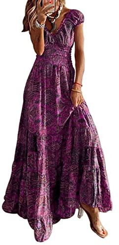 ABYOVRT Vestido Mujer Bohemio Largo Verano Cuello en V Manga Corta Floral Maxi Vestidos Cóctel Falda Larga Chic de Noche Playa Fiesta Vacaciones,Morado,L