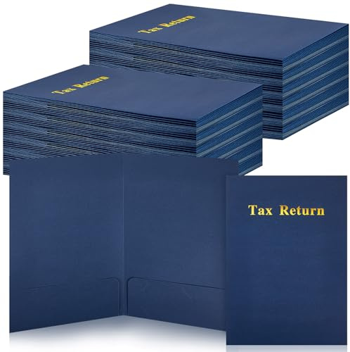 Harloon 40 Pcs Tax Return Folders 12 x 9 Inches 2 Pocket Folders Bulk Gold Foil Stamped Heavyweight Folder, Holds 8 x 11 Inches Letter Size Paper (Blue,Cardboard)