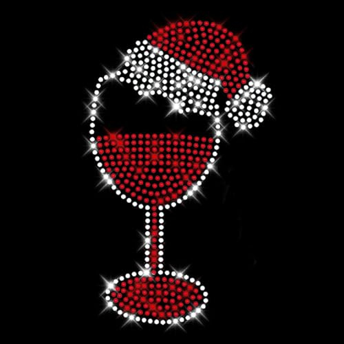 Glitzerdeals Glitterdeals Immagine termoadesiva con strass Bicchiere da vino natalizio rosso con motivo cappello di Babbo Natale con strass da stirare Motivo termoadesivo natalizio Cappello natalizio