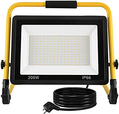 FIVMEN Baustrahler 200W 16000LM LED Strahler Arbeitsleuchte mit Standgestell und 3m Kabel Stecker Baulampe Flutlicht Wasserdicht IP66 für Garage Werkstatt Baustelle, Kaltweiß