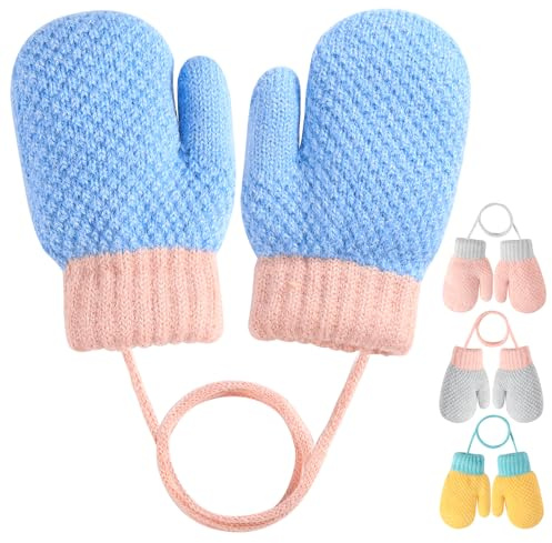 MELLIEX Babyvantar, vintertermiska handskar, söta mjuka handtag stickade handskar med snodd för 0–3 år flickor och pojkar, Blå, 13*6cm
