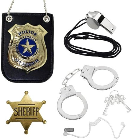 5 esposas de policía de acero auténtico, juego profesional de esposas para niños, equipo de policía, esposas con insignias de policía, auriculares, llaves y silbato para fiestas de Halloween, cosplay