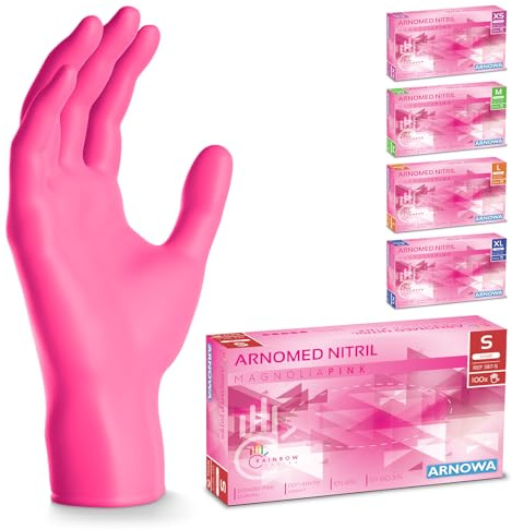 500x ARNOMED® Guanti nitrile S Rosa, Guanti monouso senza polvere e lattice, Guanti plastica usa e getta dermanytril, Per cucina, pulizia casa, alimenti e tattoo XS, S, M, L, XL