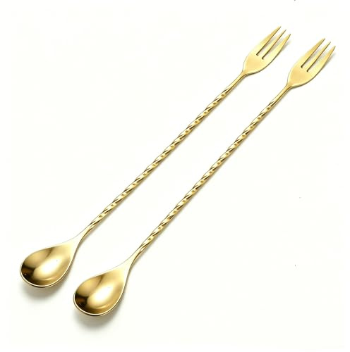 Homestia Cucchiaio da bar per mescolare cocktail, 2 pezzi, manico lungo 30,5 cm, in acciaio inox, a doppia estremità con punta a tridente (oro)