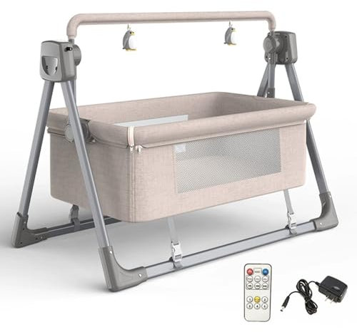 Bärbar elektrisk babyvagga Babyswing-spjälsäng, 3-växlad mikrovågsjusterbar gungande spjälsäng, hopfällbar sängbord med musik och timing för nyfödd spädbarn,khaki