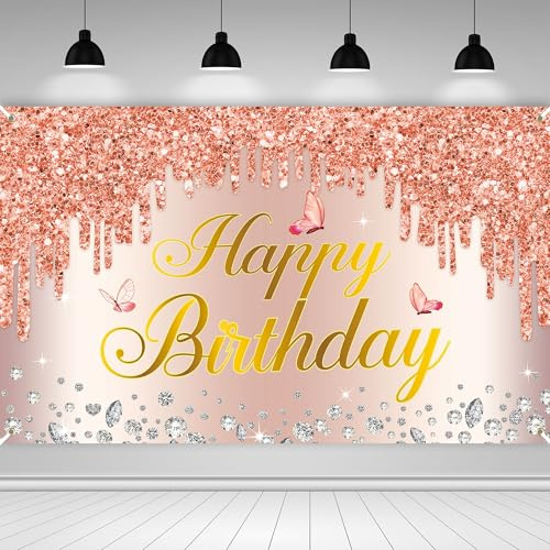 Födelsedagsdekoration, Happy Birthday-banner, stor, banner, födelsedag, extra längd 9,8 x 1,6 fötter, utomhusfest, dekoration för barn/tonåringar/kvinna (Rose Gold Party Hintergrund)