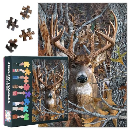 Deer Puzzle 1000 Pièces Adultes Difficile Famille Puzzle Animal de la Forêt 70x50cm Jigsaw Puzzles Arbre Branche Art pour Femmes Hommes (Série Wildlife)