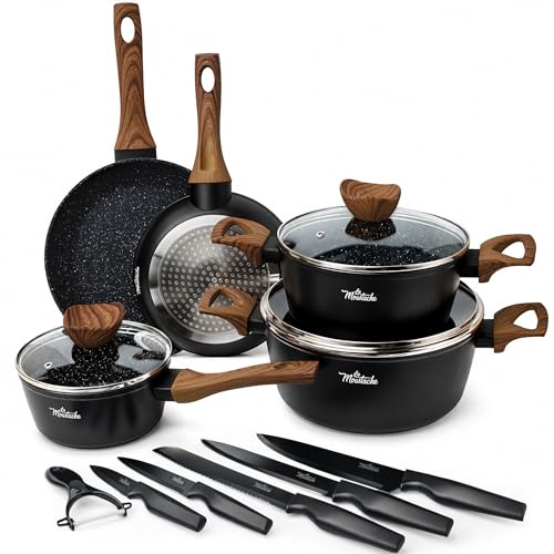 La Moustache - Batteria di Pentole e Padelle a Induzione, Alluminio con Antiaderente | 8 Pezzi Callao + 5 Coltelli Neri Inox con Sbucciatore, Tutti i Piani Cottura, senza PFOA e PFAS