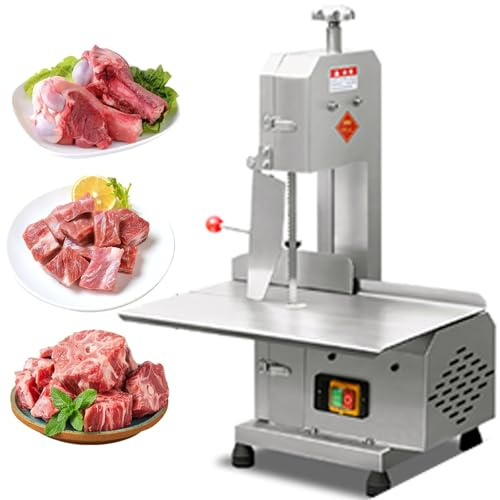 ZenSeFarin Sierra de Cinta Eléctrica Comercial para Carne y Huesos de Acero Inoxidable de 750 W para Encimera, Grosor de Corte 0~210 mm, con 6 Cuchillas para Costillas de Cerdo y Res