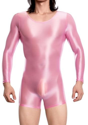 FEOYA Mono de leotardo para hombre, aspecto mojado, mono de una pieza, traje de una pieza, club nocturno, ajustado, talla M XL, Rosa., XL