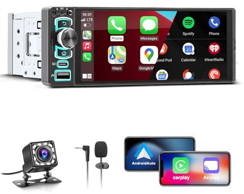Radio Coche 1 DIN con Carplay Inalámbrico y Android Auto，6,28 Pulgadas Pantalla HD Táctil Radio Coche con iOS/Android Mirror Link,Bluetooth,FM,EQ,Type-C,USB,Cámara Trasera,Micrófono,Navegación GPS