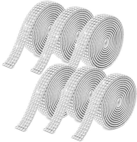JJUNW 6 Rolls Bedazzling Strips, Bedazzling Tape Rolls, Diamante Gems Bedazzled Kit Rhinestone Ribbon, Rhinestones for Clothes Gems for Crafting for DIY Phone Car Crafts Shoes Decor | Crystal Silver Rhinestone Ribbon Decorative Crystal Rhinestone Glitter Ribbon for Wedding Birthday Clothing Crafts